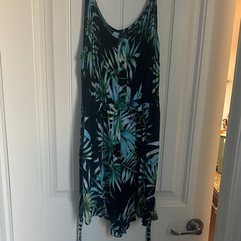 City Chic Tropical Green and Black Leaf Romper. Perfect for vacation!